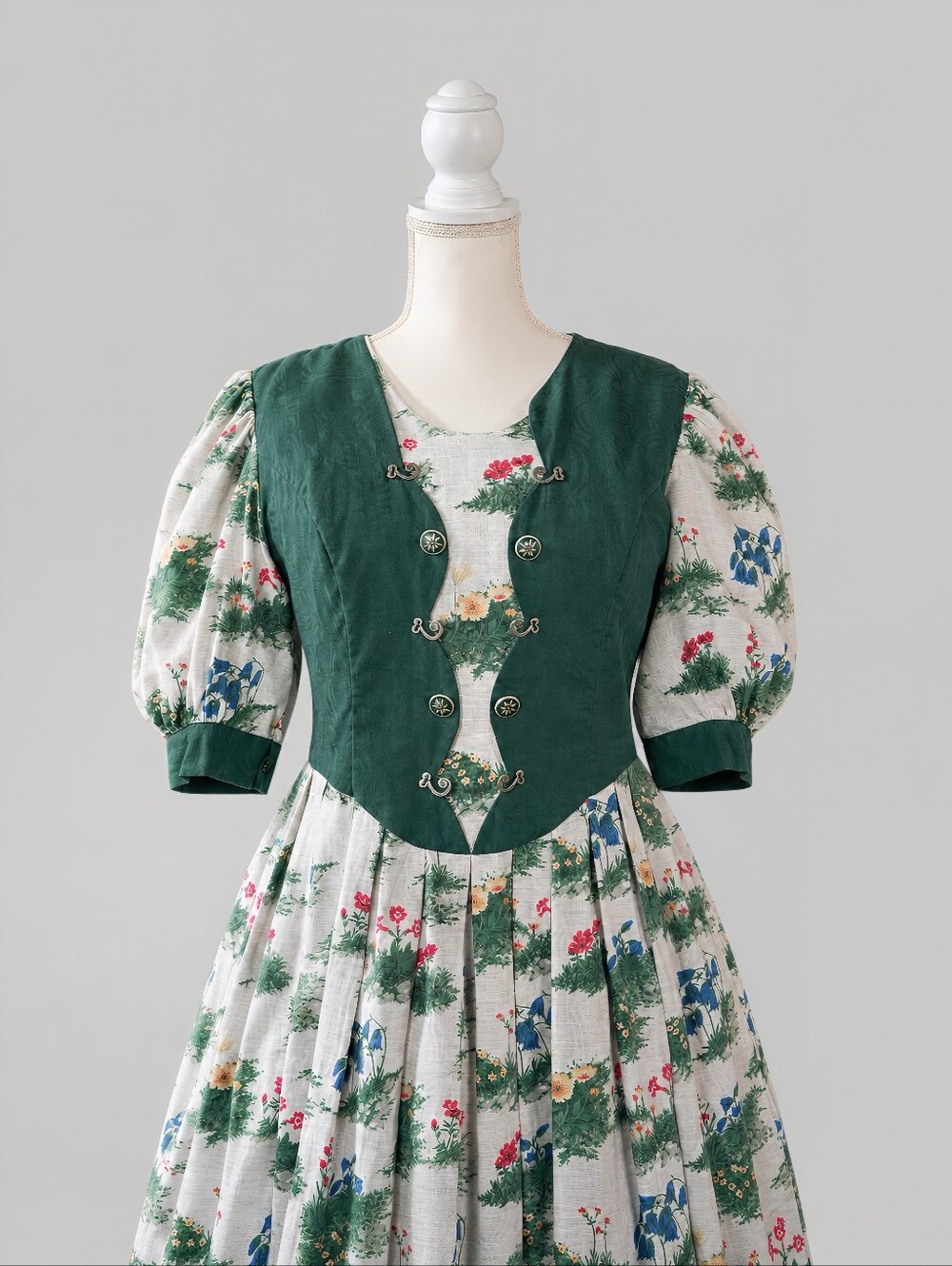 Vintage Green Floral Dirndl Maxi Dress, Cottagecore, Oktoberfest, Folk, Boho